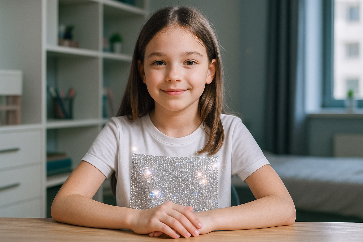 Incorrect example: a girl in a T-shirt with glittering rhinestones